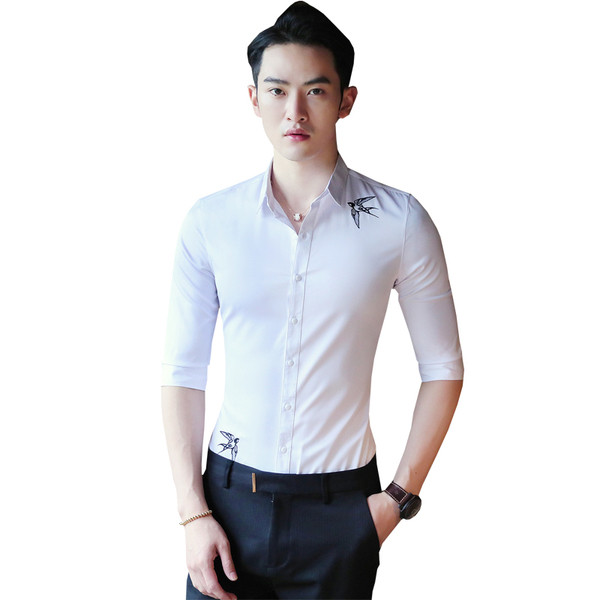 Мъжка стилна риза с бродерия и 3/4 ръкав в бял и черен цвят