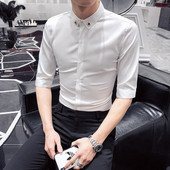 Елегантна мъжка риза с 3/4 ръкав и метална декорация в бял и черен цвят