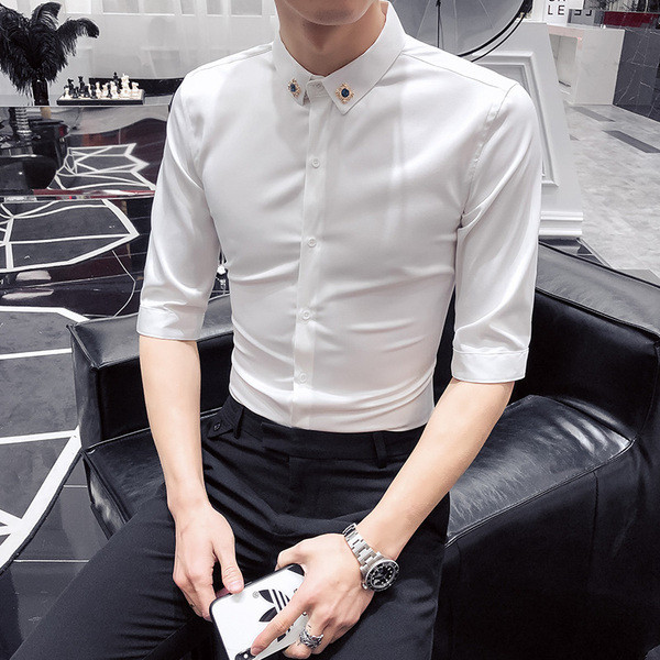 Елегантна мъжка риза с 3/4 ръкав и метална декорация в бял и черен цвят