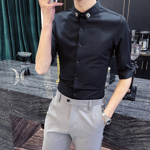 Елегантна мъжка риза с 3/4 ръкав и метална декорация в бял и черен цвят