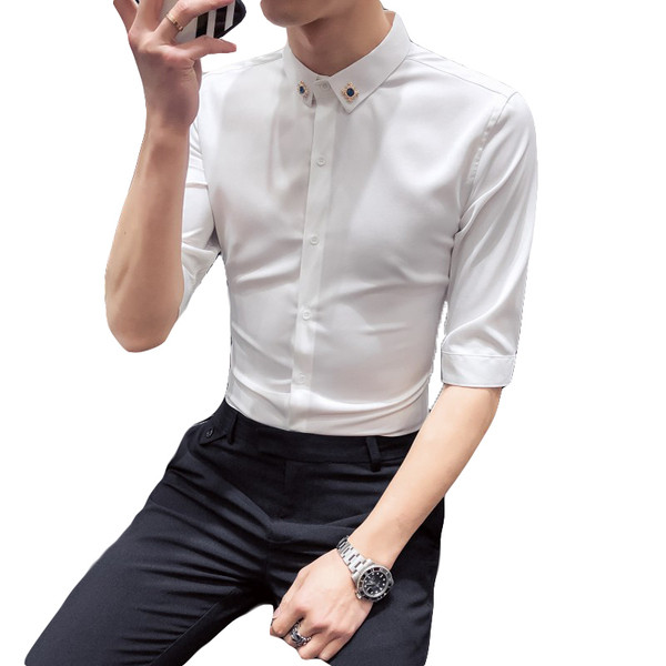 Елегантна мъжка риза с 3/4 ръкав и метална декорация в бял и черен цвят