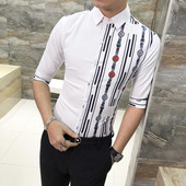 Актуална мъжка риза с 3/4 ръкав и щампа в черен и бял цвят