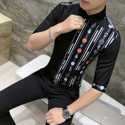 Актуална мъжка риза с 3/4 ръкав и щампа в черен и бял цвят