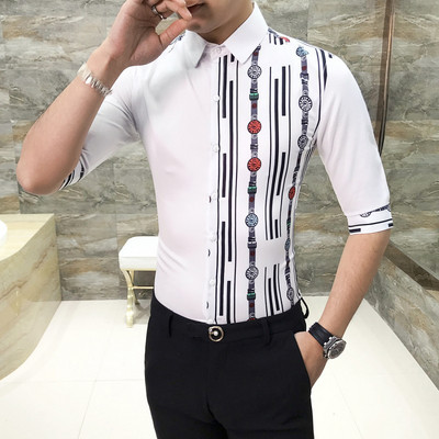 Актуална мъжка риза с 3/4 ръкав и щампа в черен и бял цвят