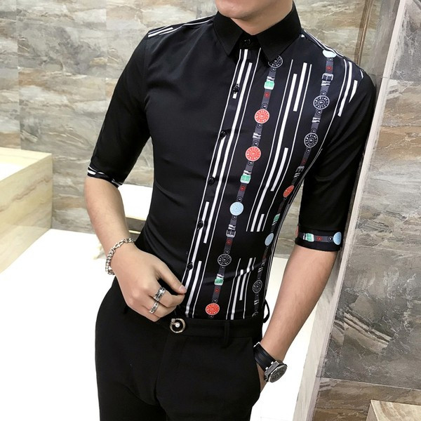 Актуална мъжка риза с 3/4 ръкав и щампа в черен и бял цвят