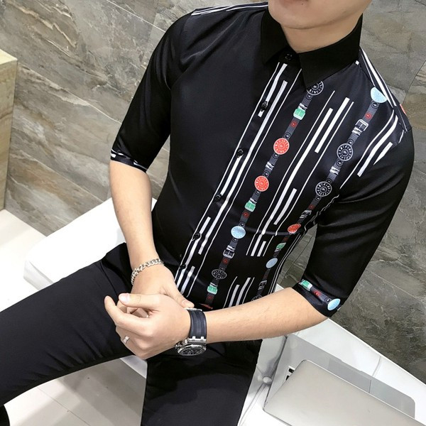 Актуална мъжка риза с 3/4 ръкав и щампа в черен и бял цвят