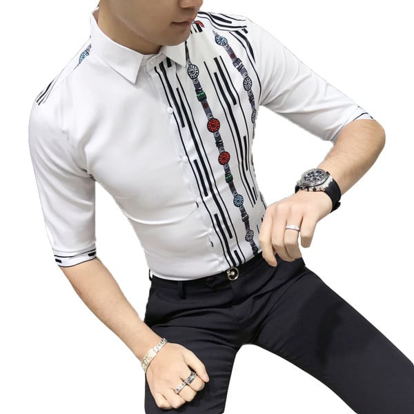 Актуална мъжка риза с 3/4 ръкав и щампа в черен и бял цвят