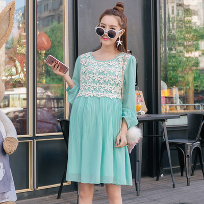 Стилна рокля за бременни жени в розов и син цвят с дълъг ръкав