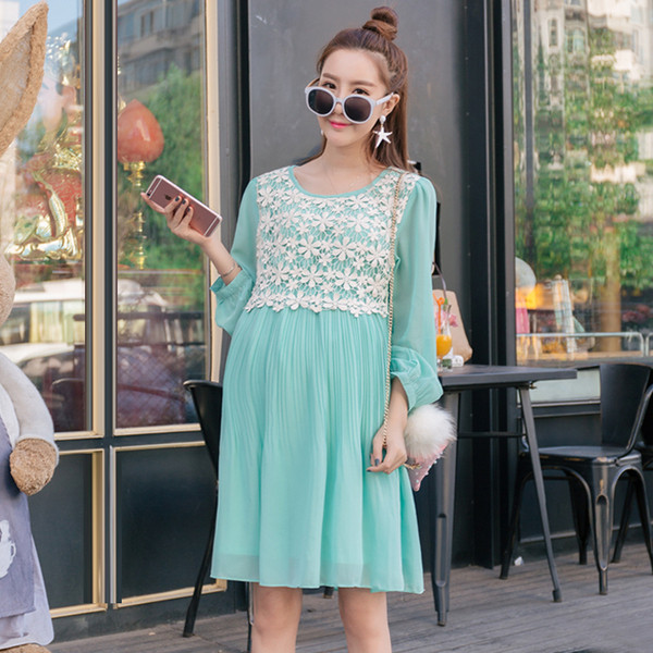 Стилна рокля за бременни жени в розов и син цвят с дълъг ръкав