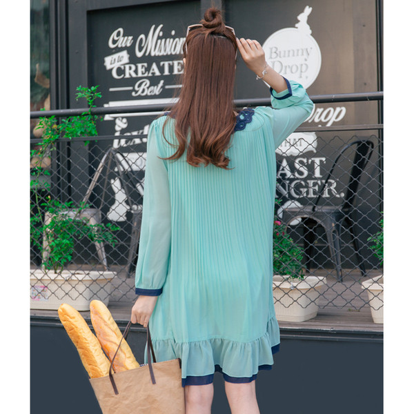 Стилна рокля за бременни жени в син цвят и О-образно деколте