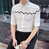 Пролетна мъжка риза с 3/4 ръкав и бродерия в черен и бял цвят