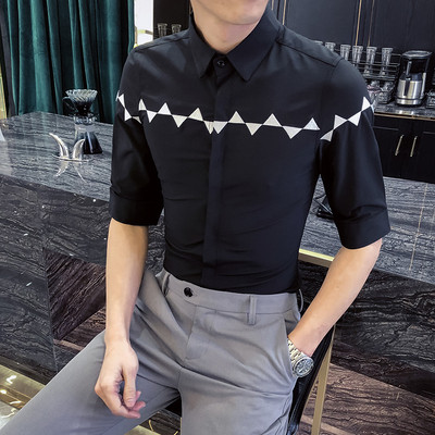 Пролетна мъжка риза с 3/4 ръкав и бродерия в черен и бял цвят