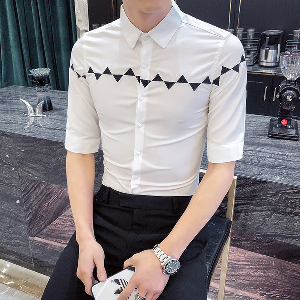 Пролетна мъжка риза с 3/4 ръкав и бродерия в черен и бял цвят