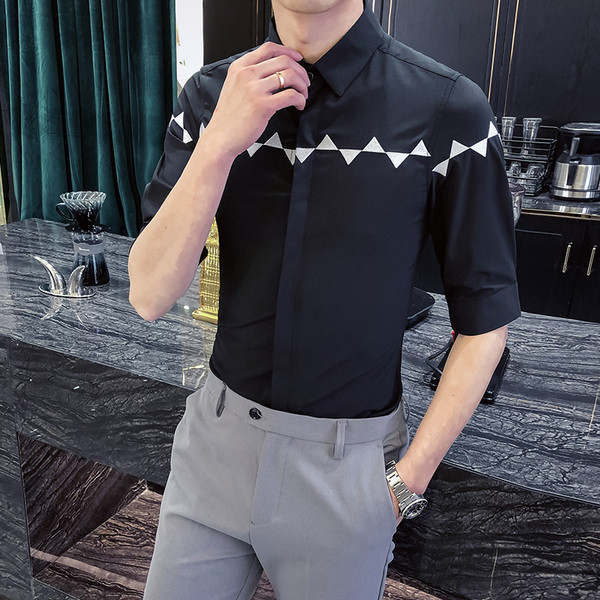 Пролетна мъжка риза с 3/4 ръкав и бродерия в черен и бял цвят