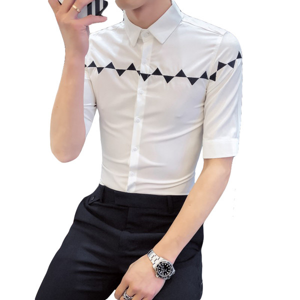 Пролетна мъжка риза с 3/4 ръкав и бродерия в черен и бял цвят