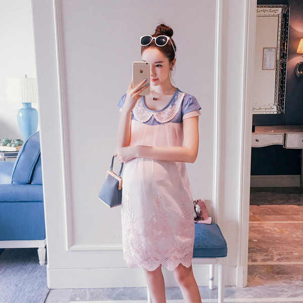 Стилна рокля за бременни жени с къс ръав и О-образно деколте