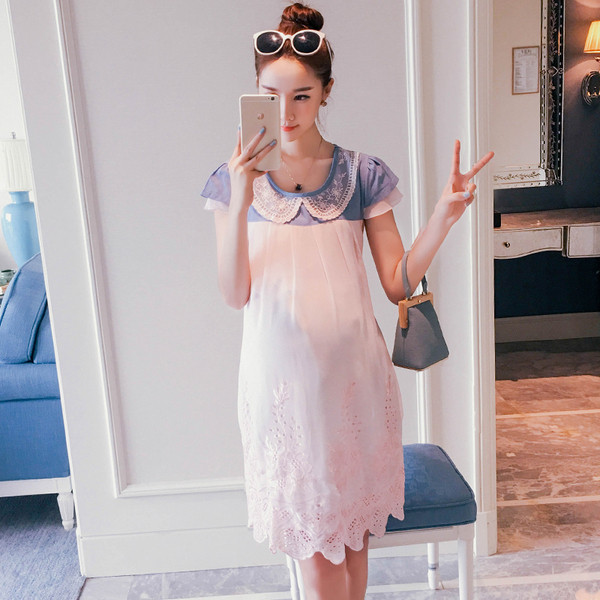 Стилна рокля за бременни жени с къс ръав и О-образно деколте