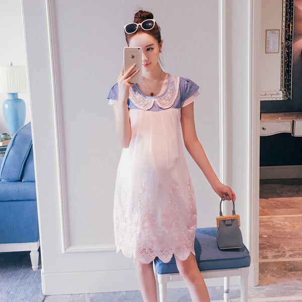 Стилна рокля за бременни жени с къс ръав и О-образно деколте