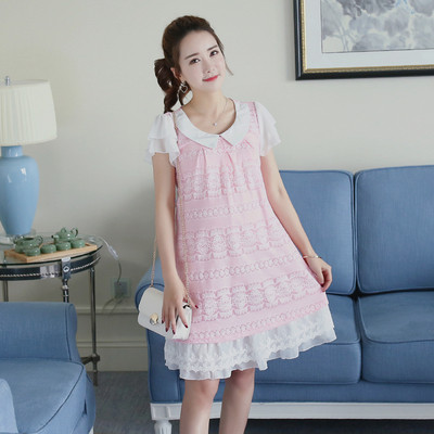 Модерна рокля за бременни жени с къс ръкав и дантела в розов и син цвят