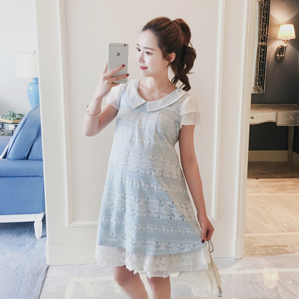 Модерна рокля за бременни жени с къс ръкав и дантела в розов и син цвят