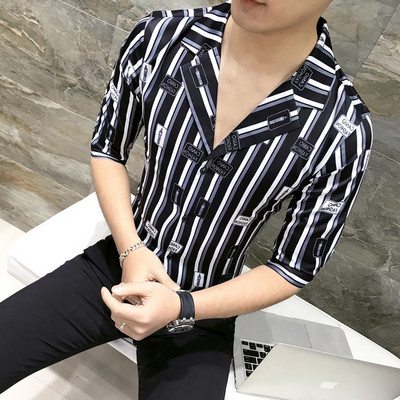 Модерна мъжка риза с V-образно деколте и десен в два цвята