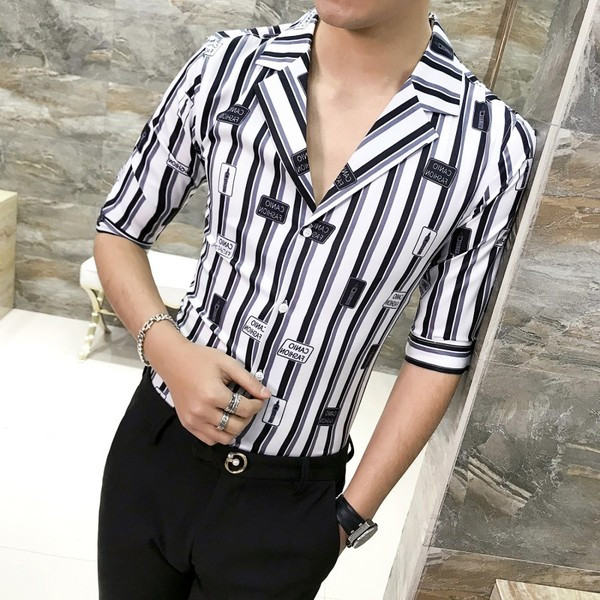 Модерна мъжка риза с V-образно деколте и десен в два цвята