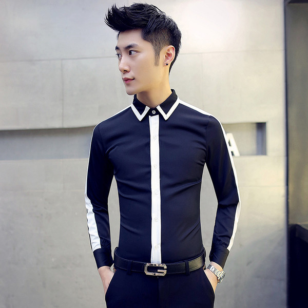 Стилна мъжка риза Slim модел в черен и бял цвят