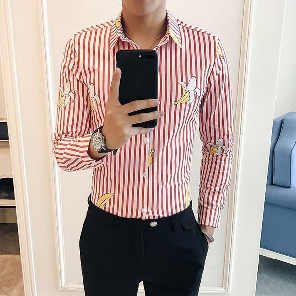 Раирана мъжка риза с дълъг ръкав в черен и червен цвят