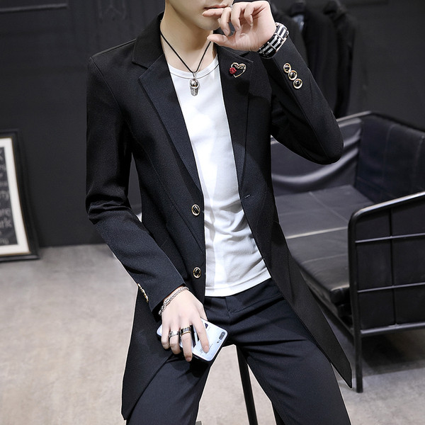 Модерно мъжко дълго сако в два цвята с брожка