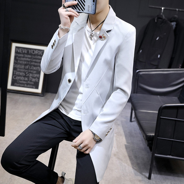 Модерно мъжко дълго сако в два цвята с брожка