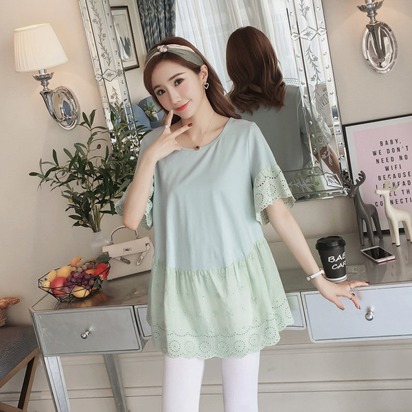 Стилна блуза за бременни жени с О-образно деколте в зелен цвят