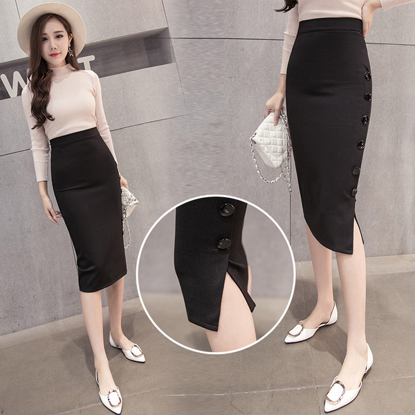 Модерна дамска пола със странични копчета в два цвята с висока талия