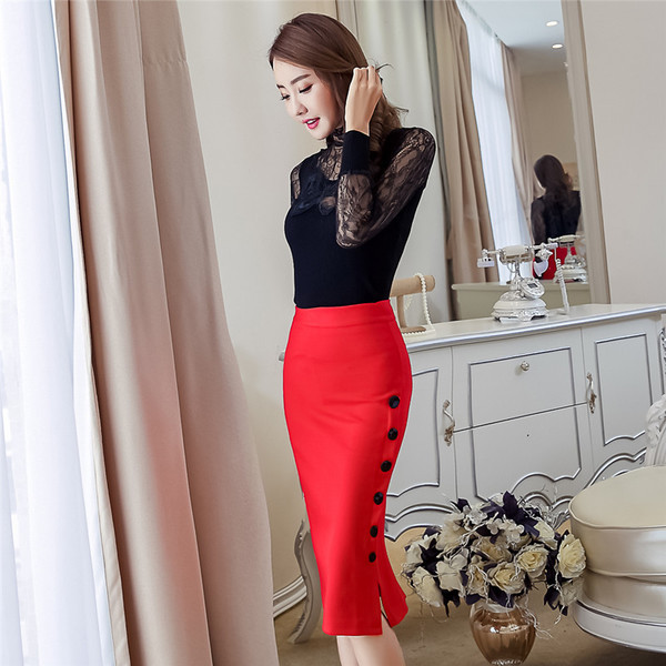 Модерна дамска пола със странични копчета в два цвята с висока талия