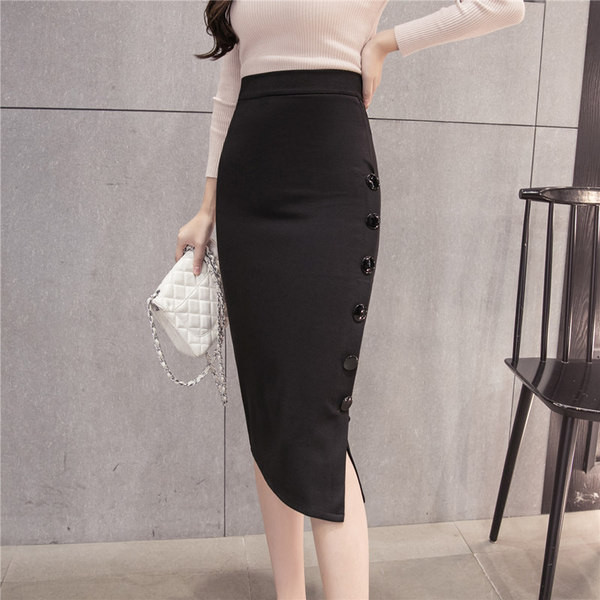 Модерна дамска пола със странични копчета в два цвята с висока талия