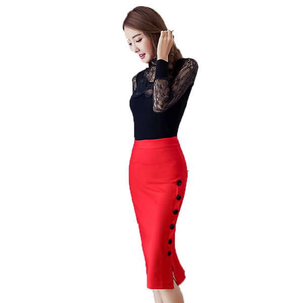 Модерна дамска пола със странични копчета в два цвята с висока талия