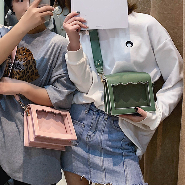 Модерна дамска прозрачна чанта с дълга кожена дръжка в няколко цвята 