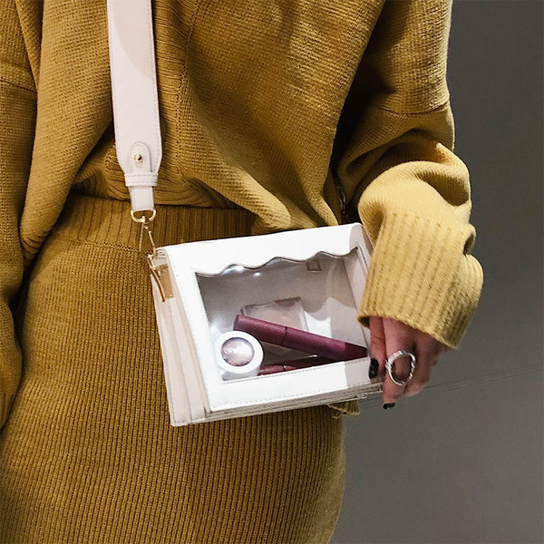 Модерна дамска прозрачна чанта с дълга кожена дръжка в няколко цвята 