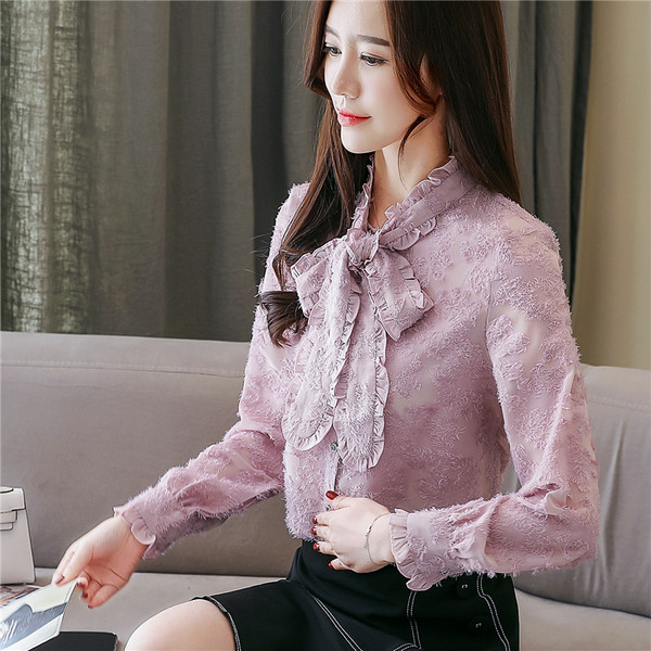 Cămașă elegantă de damă de culoare violet deschis cu panglică și mâneci lungi