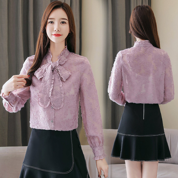 Cămașă elegantă de damă de culoare violet deschis cu panglică și mâneci lungi