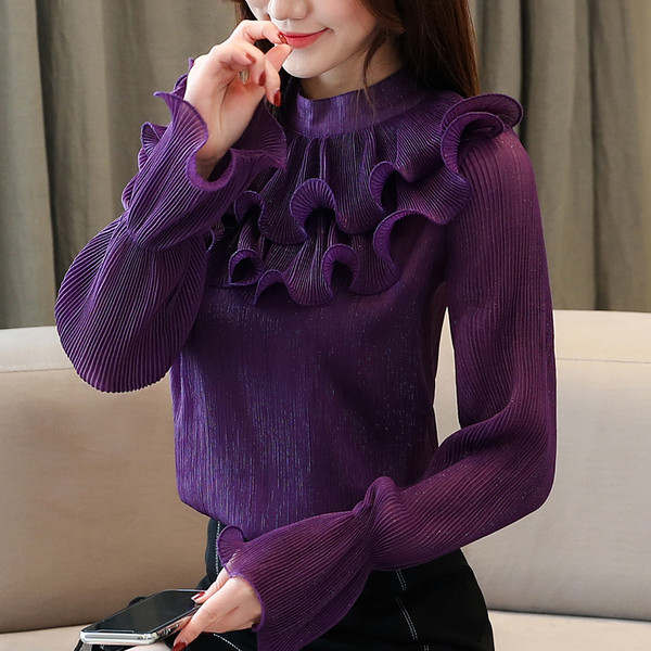 Γυναικεία πουκάμισα με μακριά μανίκια και κολάρο σε σχήμα Ο σε λευκό και πορφυρό χρώμα