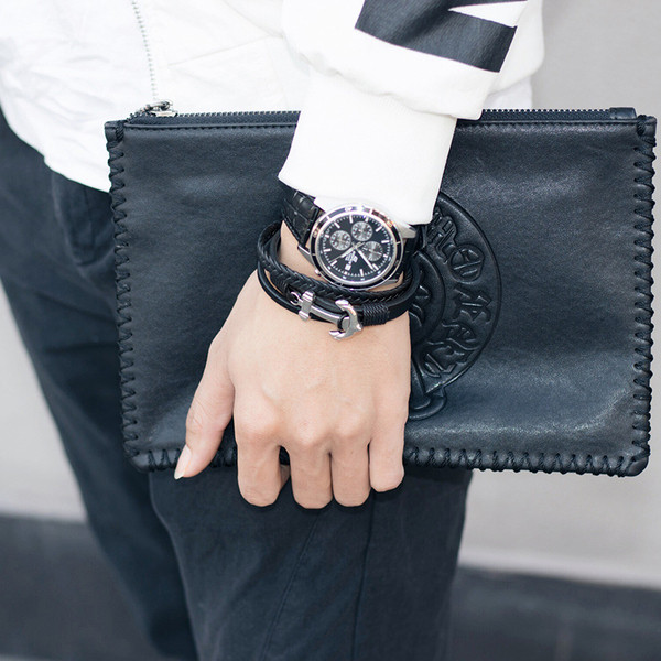 Bratara barbateasca casual din piele ecologica de culoare neagra cu element metalic