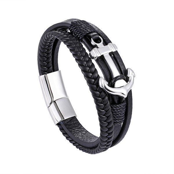 Bratara barbateasca casual din piele ecologica de culoare neagra cu element metalic