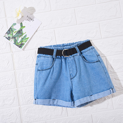 Moдерни детски къси дънки за момичета с колан в светъл цвят 