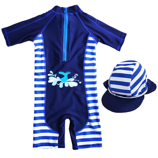 Modern gyerek fürdőruha fiúknak kék színben, rátéttel