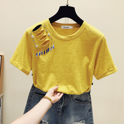 Bluză de damă elegantă cu mâneci scurte și pietre cu decolteu O