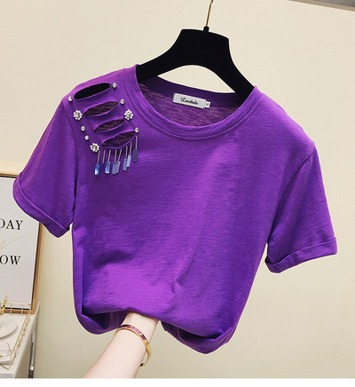 Bluză de damă elegantă cu mâneci scurte și pietre cu decolteu O