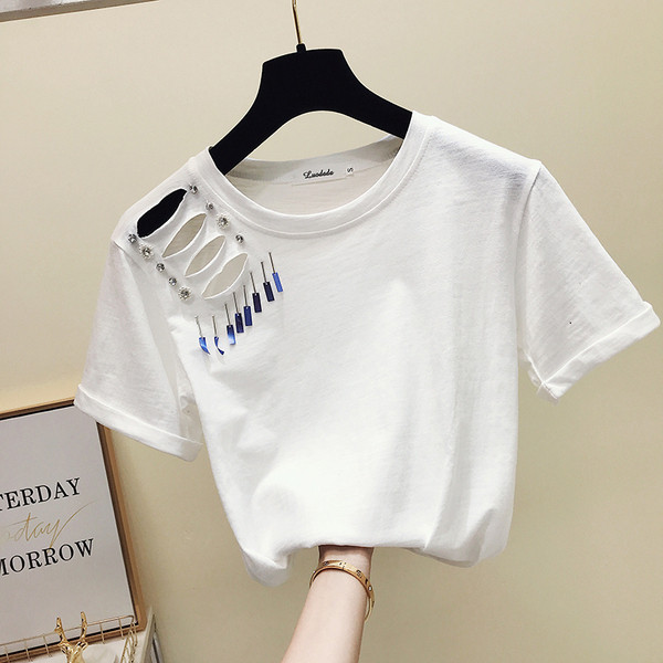 Bluză de damă elegantă cu mâneci scurte și pietre cu decolteu O