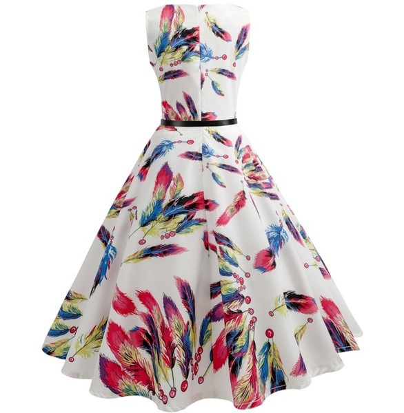 Rochie elegantă de damă, cu decolteu O și motive colorate