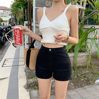 Pantaloni scurti de dama in doua culori cu talie inalta