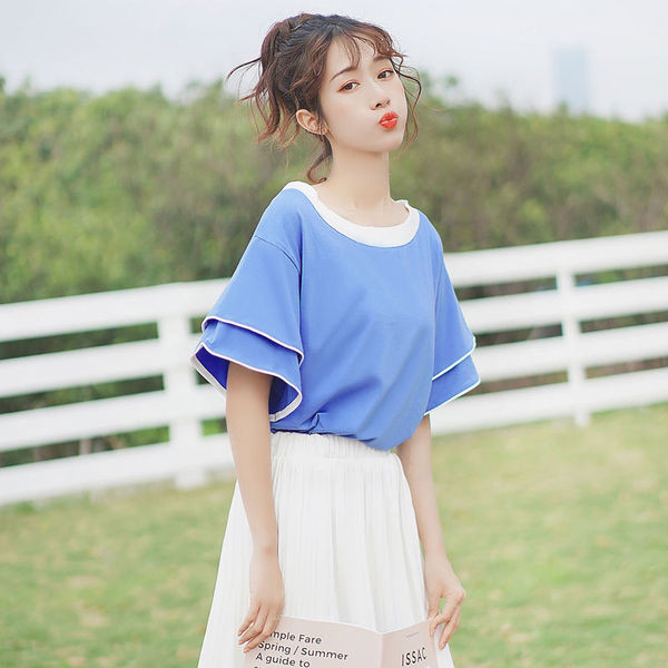 Női blúz O-nyakú és lótusz ujjú, két színben